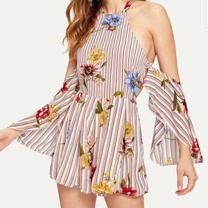 Love & Other Things Halter Cold Shoulder Floral & Striped Romper